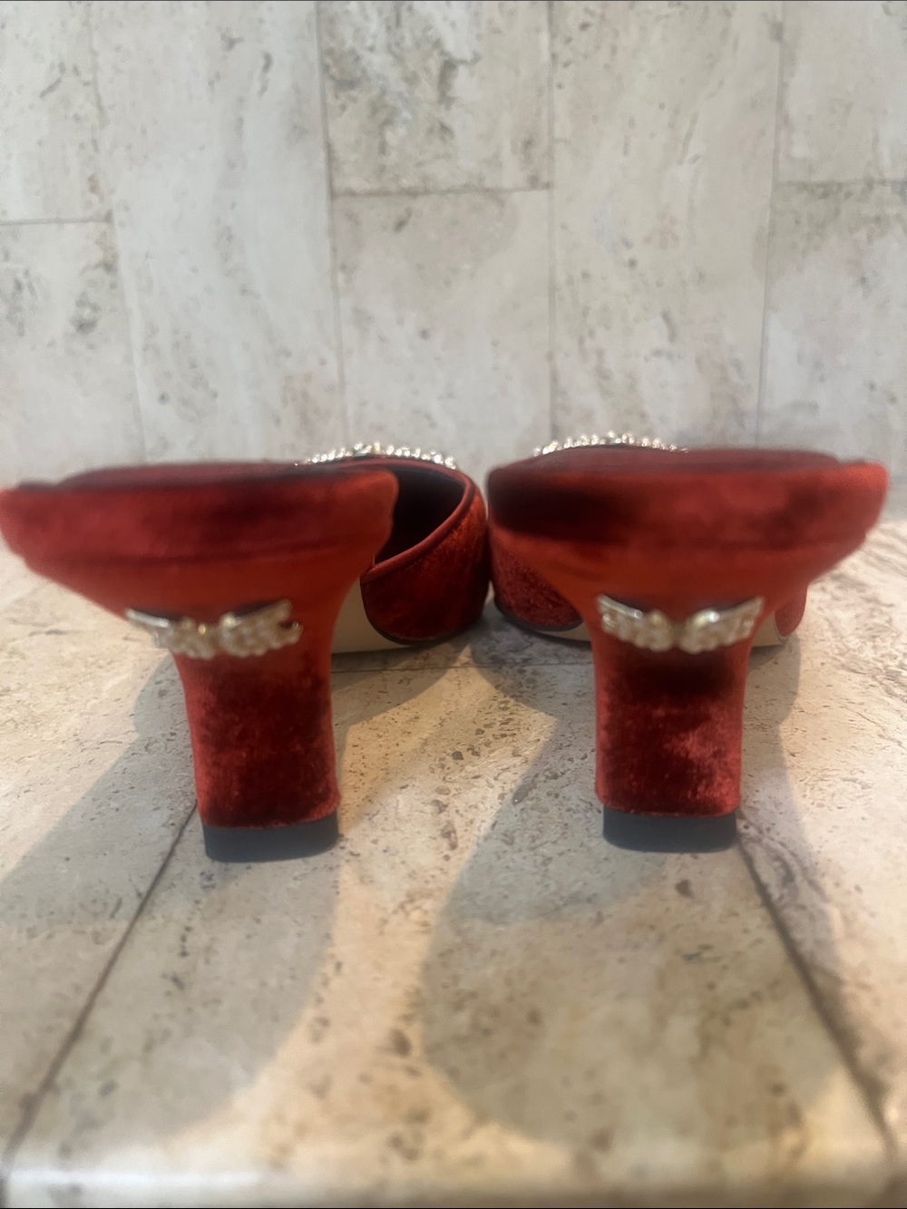 Sam Edelman Red Velvet Rhinestone Kitten Heel Mules - Picture 6 of 8